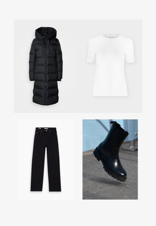 Lang sort quiltet pufferjakke med hætte, frontlynlås, to lynlåslommer og snore i hætten, designet til koldt vejr.; Hvid T-shirt med rund hals, korte ærmer, slank pasform og ribbet stofstruktur, vist på en ensfarvet lys grå baggrund.; Sorte denim jeans med lige pasform, fem lommer, kobberdetaljer og en glat tekstur. To mærker synlige på taljebåndet.; Sort ankelstøvle i læder med elastiske sidepaneler, rund tå og en tyk, tekstureret sål. Glat finish med et minimalistisk design.