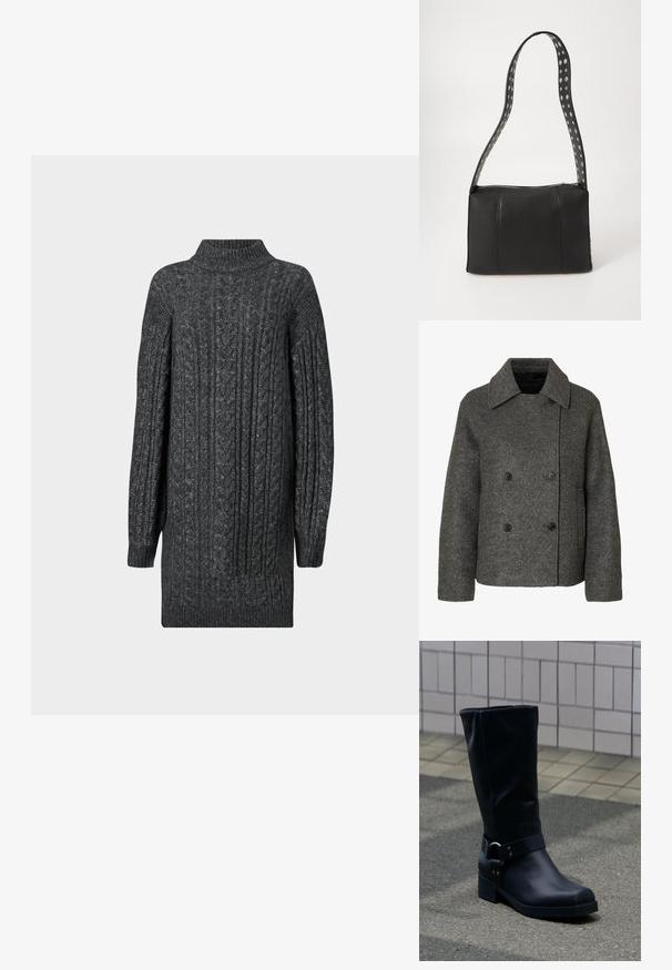 Manteau en laine gris à double boutonnage avec un large col et quatre boutons noirs, manches longues et ourlet droit.; Robe pull longue en tricot à côtes gris foncé avec un col montant, des poignets et un ourlet côtelés sur fond blanc.; Botte en cuir noire mi-mollet avec un petit talon bloc et une bride décorative avec boucle métallique autour de la cheville, sur un trottoir carrelé.; Sac à main en cuir noir de forme rectangulaire, doté d'une fermeture éclair et d'une bandoulière à pois. Texture lisse, détails de couture minimaux.