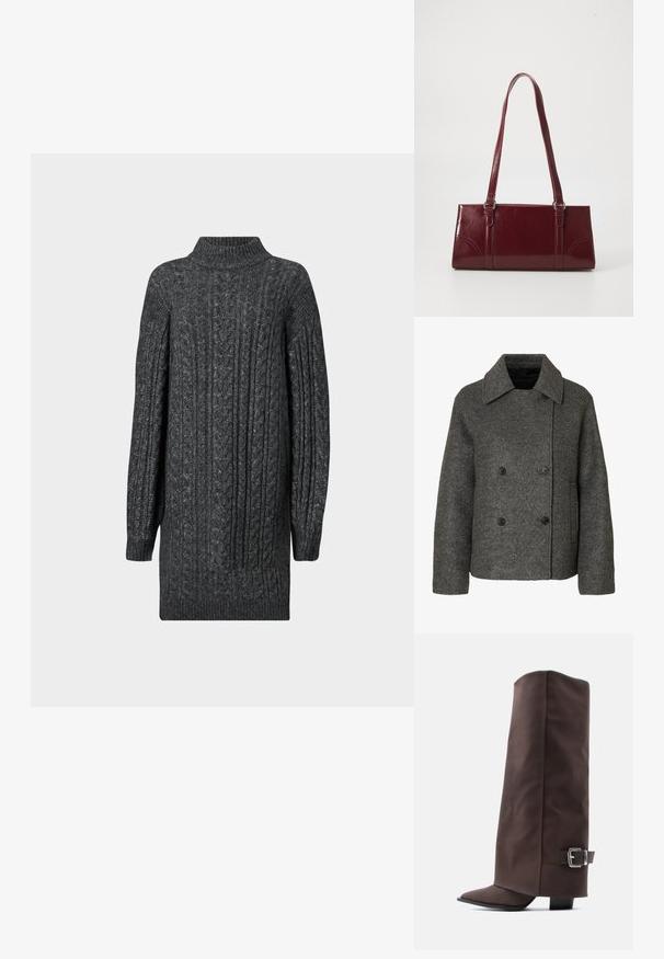Manteau en laine gris à double boutonnage avec un large col et quatre boutons noirs, manches longues et ourlet droit.; Robe pull longue en tricot à côtes gris foncé avec un col montant, des poignets et un ourlet côtelés sur fond blanc.; Bottes marron montant jusqu'aux genoux, en matériau lisse, avec un bout pointu, un talon bas et un accent en boucle métallique sur le côté.; Sac à main bordeaux en matériau brillant, de forme rectangulaire, avec deux anses et des accents légèrement courbés à l'avant.