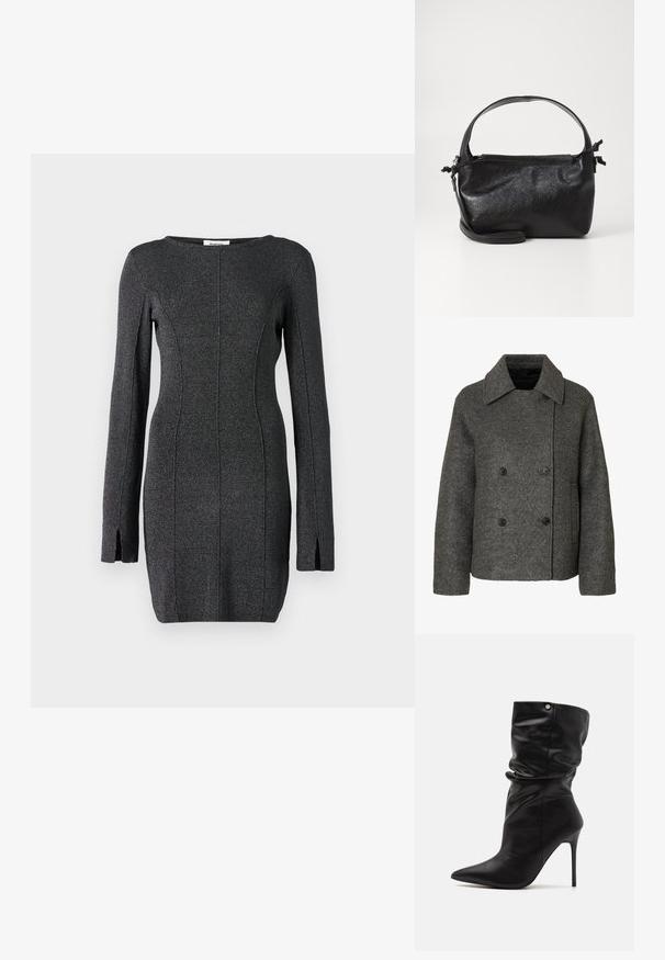 Manteau en laine gris à double boutonnage avec un large col et quatre boutons noirs, manches longues et ourlet droit.; Robe tricotée noire à manches longues, avec des fentes latérales, un col rond et des coutures pour un silhouette cintrée.; Even&Odd Wide Fit by Zalando Bottines à talons hauts - black; Sac à main en cuir noir au design structuré, avec une poignée arrondie et une bandoulière amovible. Présente une texture lisse et un éclat subtil.