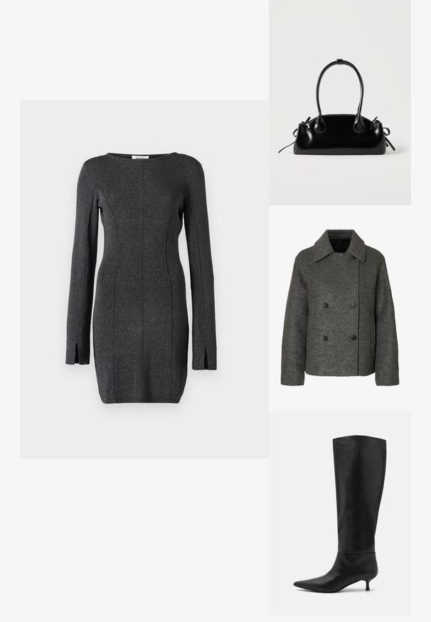Abrigo gris de lana de doble botonadura con un cuello ancho y cuatro botones negros, con mangas largas y un dobladillo recto.; Vestido de punto negro de manga larga, con aberturas laterales, un escote redondo y detalles de costura para una silueta ajustada.; Botas de cuero negras hasta la rodilla con punta afilada y tacón tipo kitten. Textura suave y diseño minimalista sin herrajes ni acentos visibles.; Pequeño bolso negro brillante con dos asas largas y detalles de cordón lateral sobre un fondo claro liso.