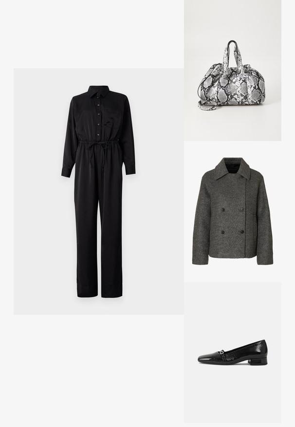 Manteau en laine gris à double boutonnage avec un large col et quatre boutons noirs, manches longues et ourlet droit.; Combinaison noire à manches longues, fermeture boutonnée sur le devant, poche poitrine, taille élastique avec cordon de serrage et jambes larges en tissu lisse.; Ballet flats en cuir verni noir avec un bout pointu, un petit talon carré et un détail de boucle métallique sur la sangle. Texture lisse.; Sac à main en motif peau de serpent noir et blanc avec deux poignées, une fermeture à cordon et une bandoulière amovible. Texture lisse.