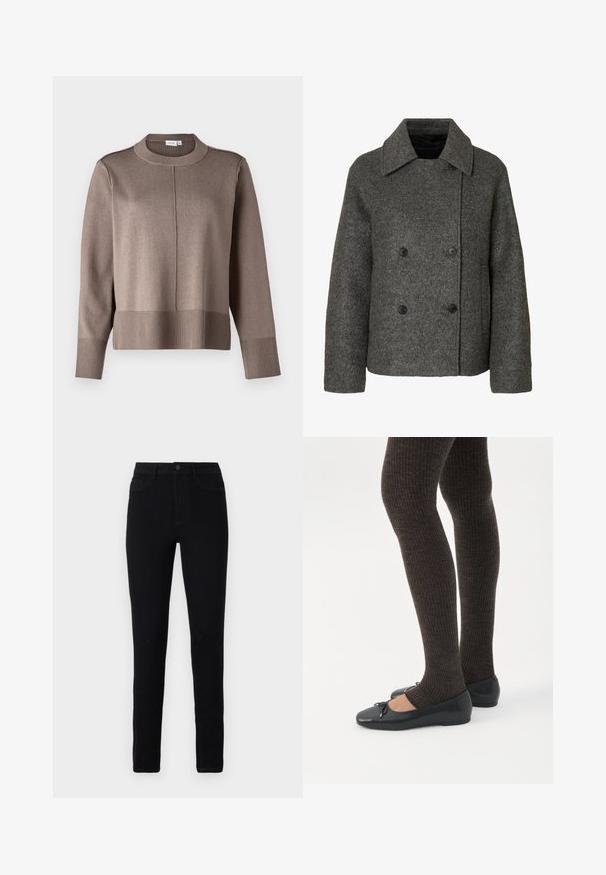 Manteau en laine gris à double boutonnage avec un large col et quatre boutons noirs, manches longues et ourlet droit.; Pull en tricot marron avec un col montant, des poignets et un ourlet côtelés, et une texture lisse. Présente une couture au centre devant pour un détail supplémentaire.; Jean skinny en denim noir avec taille haute, cinq poches, une fermeture éclair sur le devant et des coutures contrastées subtiles le long des coutures.; Jambes portant des leggings côtelés foncés associés à des ballerines noires avec de petits détails en nœud sur fond blanc.