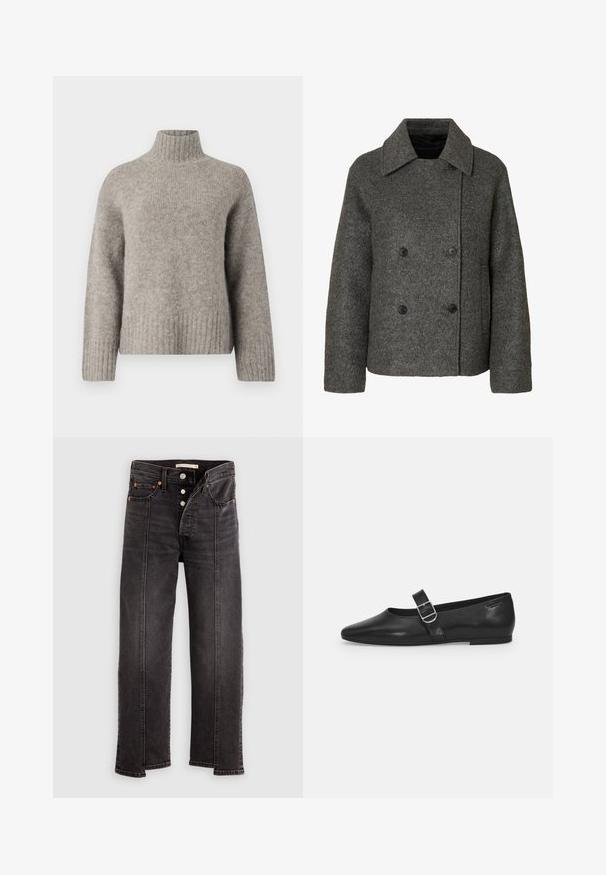 Grå uld dobbeltmaget frakke med en bred krave og fire sorte knapper, med lange ærmer og en lige kant.; Lys grå turtleneck sweater lavet af blødt, struktureret stof. Har ribbede manchetter og kant, med en afslappet pasform og minimalistisk design.; Sorte sorte bukser med højtaljede, lige ben, knaplukning, forlommer og synlige lodrette sømdetaljer ned langs hvert ben.; Sorte læder flade sko med rund tå, et enkelt justerbart spænde og en glat, blank overflade. Minimalistisk design med en lav hæl.