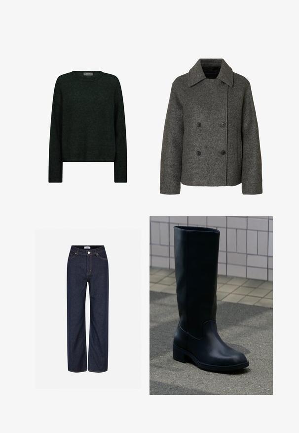 Grå uld dobbeltmaget frakke med en bred krave og fire sorte knapper, med lange ærmer og en lige kant.; Mørkegrøn sweater med rund halsudskæring, lange ærmer og en afslappet pasform. Fremstillet af tekstureret stof med subtile tonale mønstre.; Mørkeblå vide jeans lavet af denim, med store lommer, kontrasterende orange stikninger og en knaplukning i taljen.; Høj sort læderstøvle med lav chunky hæl, der står på fortov nær flisebeklædt væg baggrund.
