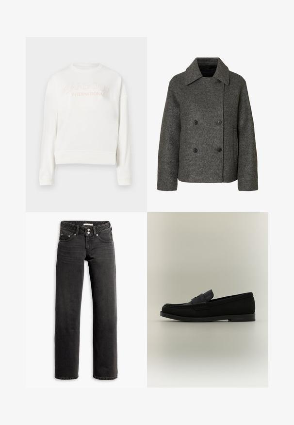 Grauer, doppelreihiger Wollmantel mit weitem Kragen und vier schwarzen Knöpfen, mit langen Ärmeln und geradem Saum.; Weißer Sweatshirt aus weichem Material, mit Rundhalsausschnitt, langen Ärmeln und Logo "Barbour International" in Hellrosa.; Schwarze gerade Jeans mit Front- und Gesäßtaschen, Gürtelschlaufen und Doppelknopfverschluss an der Taille.; Schwarzer Pennyloafer aus Leder mit niedrigem Absatz, Mokassin-Naht und klassischem Riemen über dem Spann, präsentiert vor neutralem Hintergrund.