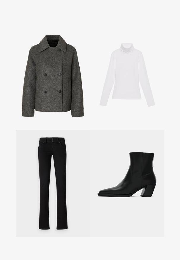 Grå uld dobbeltmaget frakke med en bred krave og fire sorte knapper, med lange ærmer og en lige kant.; Hvid langærmet turtle-neck top lavet af glat, strækbart stof. Har en høj krave og tætsiddende design, uden synlige mønstre eller udsmykninger.; Sort slim-fit jeans med to frontlommer, bæltestropper og dobbelt knaplukning, præsenteret på en ensfarvet hvid baggrund.; Sortlæder ankelstøvle med spids tå, en slank silhuet og en kraftig firkantet hæl. Glat tekstur med minimale stikninger.