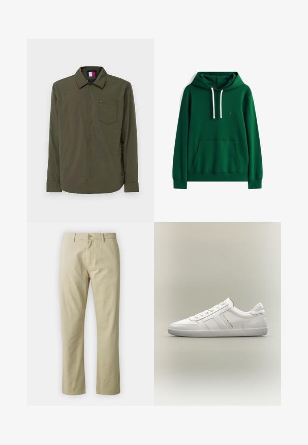 Chemise olive à manches longues en tissu lisse, dotée d'un boutonnage à l'avant, d'un col, d'une poche poitrine, et d'un détail contrastant à l'intérieur du col.; Sweat à capuche vert avec cordons blancs, poche kangourou avant et petit logo rouge, blanc et bleu sur la poitrine.; Pantalon en coton beige avec une coupe droite, fermeture à bouton sur le devant et passants de ceinture. Texture lisse, sans motifs ou accents visibles.; Baskets basses blanches avec lacets, semelle texturée et logo Tommy Hilfiger sur le côté, montrées de profil sur un fond uni.
