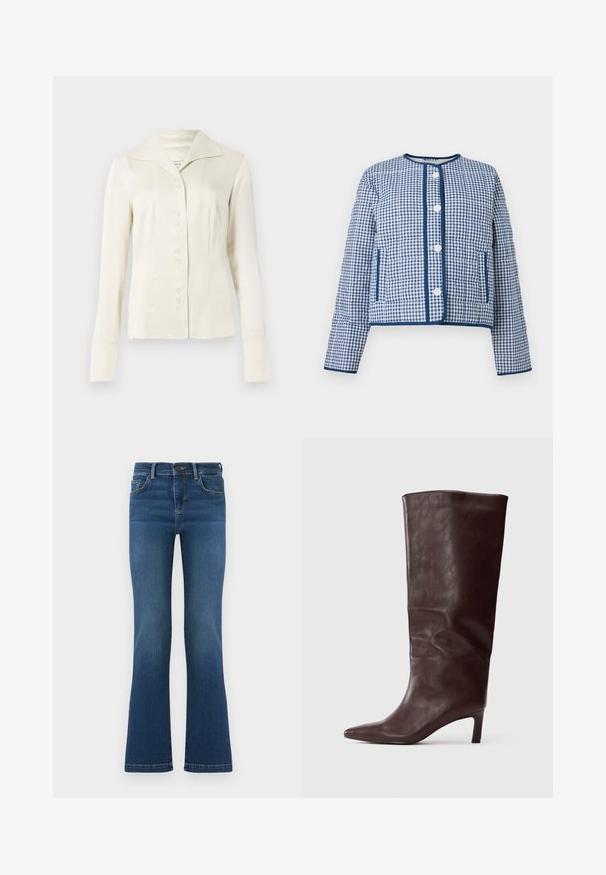 Blauw-wit geruit doorgestikt jack met ronde halslijn, knopen aan de voorkant, twee zakken en marineblauwe afwerking langs de randen.; Off-white blouse met lange mouwen en knopen, voorzien van een brede kraag en een getailleerde taille, gepresenteerd tegen een effen lichte achtergrond.; Blauwe spijkerbroek met een licht uitlopende pijp, vijf zakken, knoopsluiting en riemlussen, afgebeeld op een effen achtergrond.; Hoge, donkerbruine leren laars met spitse neus en slanke, middelhoge hak op een effen witte achtergrond.
