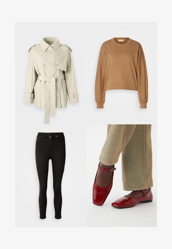 Beige trench coat med dobbeltbrystede knapper, bæltet talje og skulderepaulettes. Har en klassisk krave og manchetremme.; Afskåret, langærmet sweatshirt i lysebrun. Lavet af blødt materiale med en rund halsudskæring og plisserede ærmekanter. Enkel søm detalje.; Sorte skinny jeans lavet af denim, med knap- og lynlåslukning, fem lommer samt en glat, textured overflade.; Røde patentlæder sko med firkantet tå, lav hæl og ankelrem, parret med lysegrønne vide bukser. Glat tekstur, reflekterende overflade.