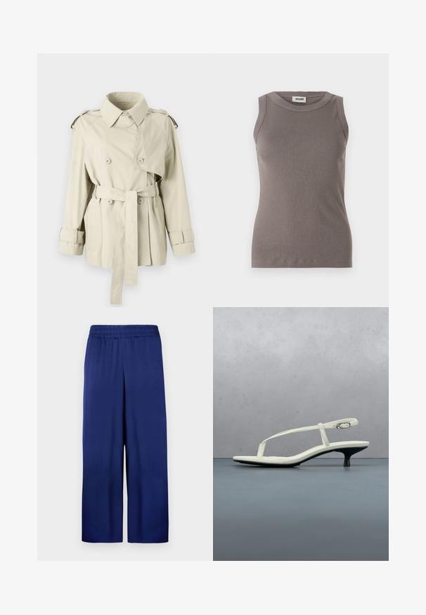 Beige trench coat med dobbeltbrystede knapper, bæltet talje og skulderepaulettes. Har en klassisk krave og manchetremme.; Grå ribbede tanktop med rund halsudskæring og ærmeløs design, lavet af et blødt, tekstureret stof. Enkel, tætsiddende silhuet.; Marineblå buks med bred ben, med elastisk talje, lavet af glat stof, der har et enkelt og funktionelt design uden synlige mønstre.; Hvid sandal med stropper og kitten-hæl med spids tå, svævende over et trægulv udendørs med en sløret plante og væg i baggrunden.