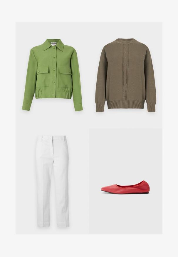 Veste verte courte à manches longues, fermeture par boutons, deux poches avant à rabat et ourlet élastiqué.; Pull en maille vert olive avec col rond, poignets et ourlet côtelés, présentant un motif torsadé central sur le devant.; Pantalon blanc taille haute à jambes droites avec passants de ceinture, fermeture éclair avant et poches latérales, présenté sur un fond uni.; Filippa K REY FLATS - Ballerines - bright red