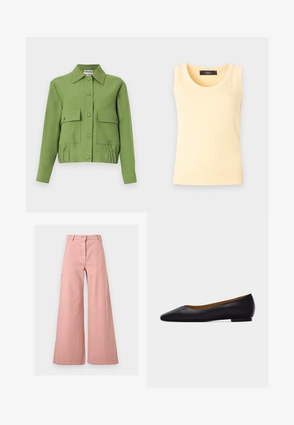 Veste verte courte à manches longues, fermeture par boutons, deux poches avant à rabat et ourlet élastiqué.; Débardeur en maille côtelée sans manches de couleur jaune pâle avec col rond et étiquette de marque noire à l'intérieur du col.; Pantalon taille haute à jambes larges de couleur rose pâle, avec fermeture à bouton et zip à l'avant, passants pour ceinture et poches latérales.; Chaussure plate en cuir noir à bout pointu avec talon bas et finition lisse, vue de côté sur un fond gris clair.