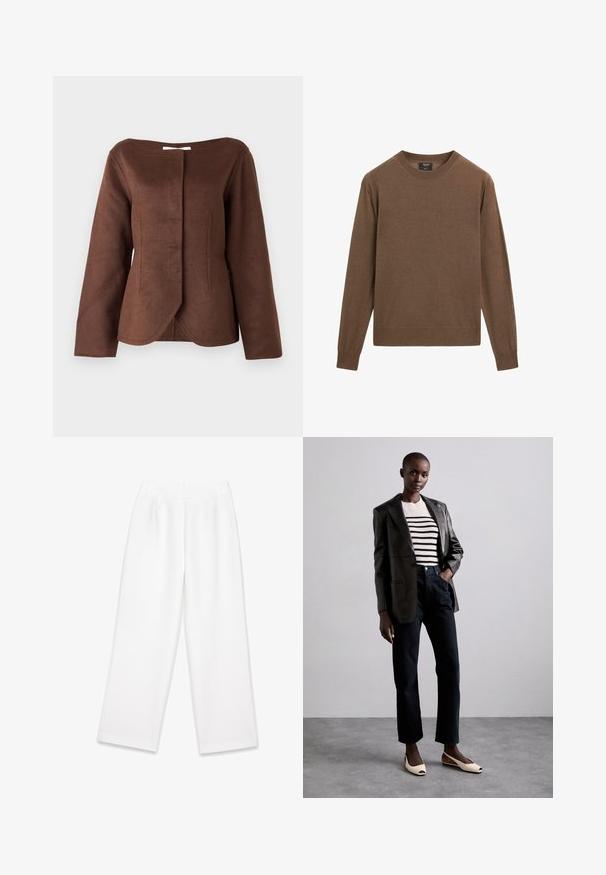Brun, struktureret jakke med scooped halsudskæring, lange ærmer og lukning foran. Stoffet har et blødt, tekstureret udseende.; Brun trøje lavet af blødt materiale med klassisk rund halsudskæring og lange ærmer, med et enkelt design og ribstrikkede manchetter.; Hvide vide bukser med en glat tekstur, der har frontfolder, lynlås-lukning og bæltestropper. Ingen synlige mønstre eller accenter.; GIABORGHINI VERA - Ballerina peep-toe - cream