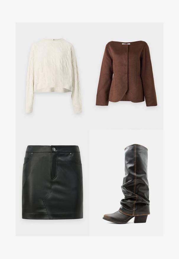 Veste structurée marron avec un décolleté arrondi, des manches longues et une fermeture à l'avant. Le tissu a une apparence douce et texturée.; Pull en tricot torsadé crème avec un col rond, un ourlet court et des poignets côtelés. Présente un motif texturé sur l'ensemble du tissu.; Mini-jupe en simili cuir noir avec un bouton à l'avant, fermeture éclair, poches avant et arrière, et détails de couture.; Botte haute en cuir noir décontractée avec des accents marron, bout pointu et talon empilé sur fond blanc uni.