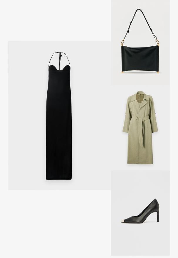 Langer, hellgrüner Trenchcoat aus gewebtem Stoff. Verfügt über einen Kragen, weite Ärmel, einen Gürtel und Knopfdekor an den Ärmeln.; Schwarzes Maxikleid mit taillierten Oberteil, Halterneck-Bindung und einer glatten, eleganten Textur. Hat eine gerade Silhouette ohne Verzierungen.; Schwarzer Lederschuh mit hohem Absatz, spitz zulaufender Zehenpartie und metallischer silberner Spitze. Verfügt über eine glatte Oberfläche und einen schlanken 10 cm hohen Absatz.; Schwarze rechteckige Lederhandtasche mit verstellbarem Riemen, goldfarbenen Beschlägen und Reißverschluss, aufrecht stehend vor weißem Hintergrund.
