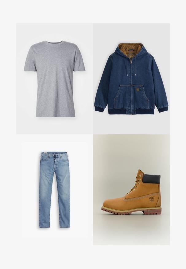 Blaue Denim-Reißverschlussjacke mit Kapuze, braun gesteppte Innenfutter, Vordertaschen, gerippte Bündchen und Saum sowie Kordelzug an der Kapuze.; Graues, kurzärmliges T-Shirt aus einem Baumwollmischgewebe, das über einen klassischen Rundkragen verfügt und eine glatte, weiche Textur aufweist.; Hellblaue Denim-Jeans mit geradem Schnitt. Sie verfügen über einen Knopfverschluss, fünf Taschen und eine leicht verwaschene Textur.; Brauner Leder-Stiefelette mit schwarzem Kragen, gelben Schnürsenkeln und hellbrauner Sohle. Verfügt über ein Logo und weiße Ziernähe. Robuste Profilsohle.