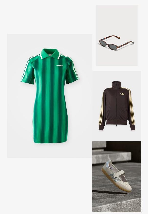 Zwarte joggingjas met rits en hoge kraag, lichtgele strepen op de mouwen en Adidas trefoil-logo op de linkerborst.; Groen gestreepte polokleed gemaakt van zachte stof. Voorzien van een kraag, korte mouwen en het witte Adidas-logo. Verticale strepen in verschillende tinten.; Beige stoffen schoen met elastische band, gestructureerd bovendeel, zilveren en blauwe accenten, en een buitenzool van gumrubber, getoond tegen een grijze achtergrond.; Kleine ovale schildpadrand zonnebril met donkere glazen die op een lichtgrijs oppervlak ligt.