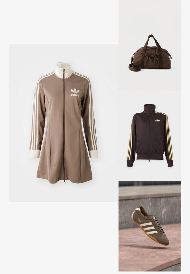 Zwarte joggingjas met rits en hoge kraag, lichtgele strepen op de mouwen en Adidas trefoil-logo op de linkerborst.; Bruine sportieve jurk met hoge kraag, volledige rits aan de voorkant, witte drie-streepaccenten op de mouwen en een klein wit logo op de borst.; Bruine suède sneaker met witte strepen en merklogo's, voorzien van een ronde neus en een zool van tandgumrubber, zwevend boven een getextureerd oppervlak.; Bruine stoffen duffeltas met dubbele handgrepen, verstelbare schouderriem, voorvak met plooien en trekkoord, en hoofdvak met rits.