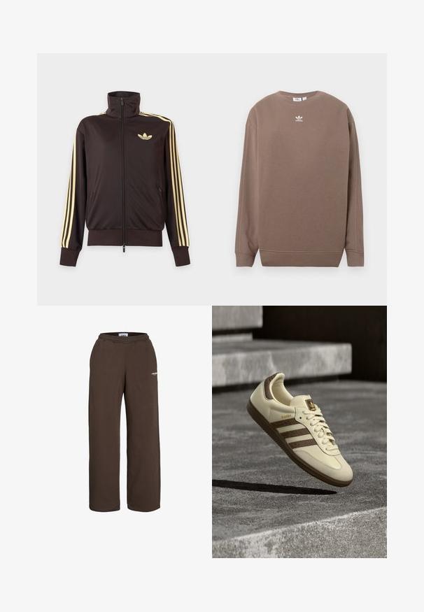 Sort lynlåstrøje med høj krave, lysegule striber ned ad ærmerne og Adidas trefoil-logo på venstre bryst.; Brun sweatshirt lavet af blødt stof, med rund hals, lange ærmer og et hvidt Adidas-logo på brystet. Enkel design uden mønstre.; Brune vidde-buksede joggingbukser med elastisk talje og lille hvid tekstlogo på den øverste lår mod en hvid baggrund.; Sneaker i cremefarve med brune detaljer, teksturerede sidelommer og en glat læderfinish. Har snøredesign og gummisål.