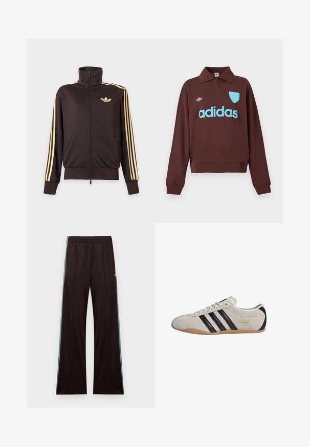 Sort lynlåstrøje med høj krave, lysegule striber ned ad ærmerne og Adidas trefoil-logo på venstre bryst.; Brun sweatshirt med polo krave, der har en lys blå "adidas" logo og skjolddetalje, lavet af blødt stof med en afslappet pasform.; Sorte løse bukser med lyseblå sidelommer, elastisk talje, lynlås på lommerne og Adidas-logo på venstre hofte.; Suedesneakers med en grå overdel, sorte striber og en gummisål. Har snørelukning og en guldfarvet logo-detalje på siden.
