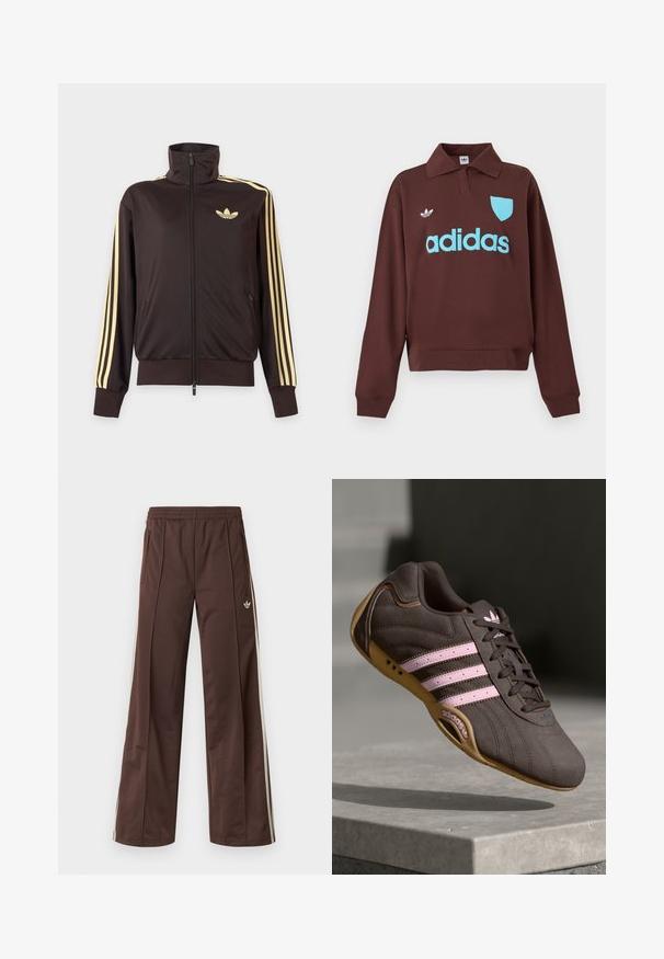 Sort lynlåstrøje med høj krave, lysegule striber ned ad ærmerne og Adidas trefoil-logo på venstre bryst.; Brun sweatshirt med polo krave, der har en lys blå "adidas" logo og skjolddetalje, lavet af blødt stof med en afslappet pasform.; Brune atletiske bukser med vidde ben, hvide striber på siden, elastisk linning og to sidelommer. Har et lille logo på benet.; Brune ruskind atletik sko med pink striber og logo, med en tekstureret overdel, snørebåndslukning og en gummirubbersål.