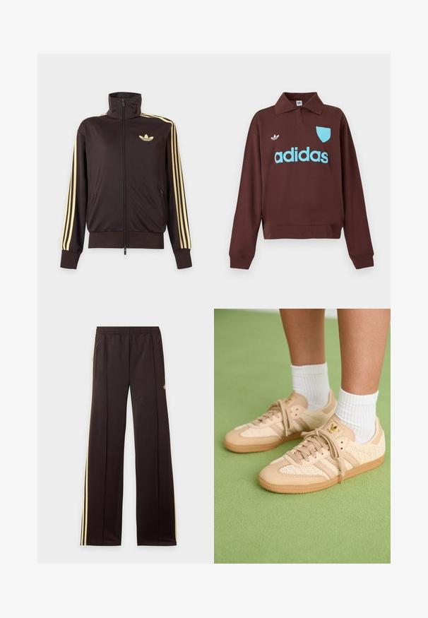Sort lynlåstrøje med høj krave, lysegule striber ned ad ærmerne og Adidas trefoil-logo på venstre bryst.; Brun sweatshirt med polo krave, der har en lys blå "adidas" logo og skjolddetalje, lavet af blødt stof med en afslappet pasform.; Sorte træningsbukser med gule sidelister, elastisk taljebånd, lynlåslommer i siderne og en lille logo på den øvre lår.; Fødder iført beige vævede Adidas sneakers med gummisåler og hvide ankelsokker på en grøn struktureret gulv.