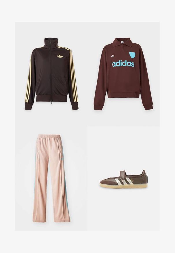 Sort lynlåstrøje med høj krave, lysegule striber ned ad ærmerne og Adidas trefoil-logo på venstre bryst.; Brun sweatshirt med polo krave, der har en lys blå "adidas" logo og skjolddetalje, lavet af blødt stof med en afslappet pasform.; Lyserøde sportspants med afslappet pasform, der har blå sidestriber og en snoretræk i taljen. Fremstillet af glat, letvægtsstof.; Brun sneaker med beige gummisål, tre hvide striber på siden og en enkelt velcrolukning over vristen.