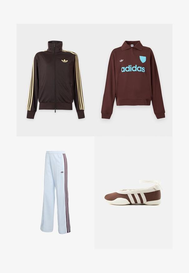 Sort lynlåstrøje med høj krave, lysegule striber ned ad ærmerne og Adidas trefoil-logo på venstre bryst.; Brun sweatshirt med polo krave, der har en lys blå "adidas" logo og skjolddetalje, lavet af blødt stof med en afslappet pasform.; Lyseblå atletikbukser med en afslappet pasform, der har vinrøde striber på siden og en broderet logo på hoften. Inkluderer en lynlåslomme.; Brun og hvid balletflad sko med tre hvide striber og ankelbånds sløjfe på en ensartet lys baggrund.