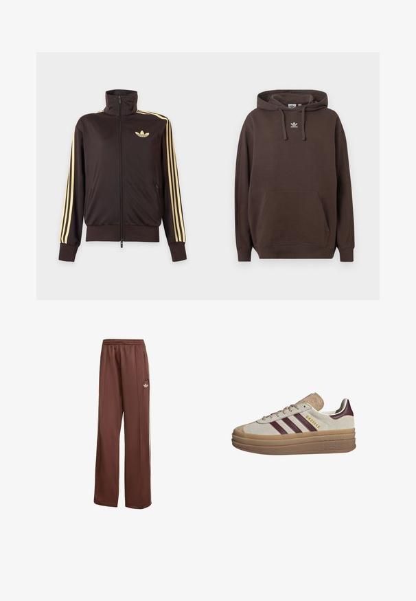Čierna športová bunda na zips s vysokým golierom, svetložlté pruhy na rukávoch a logo Adidas trefoil na ľavej strane hrude.; Hnedá mikina s kapucňou z mäkkej látky s klokaním vreckom, kapucňou so šnúrkou a bielym logom Adidas na hrudníku. Dizajn klasického strihu.; Hnedé športové nohavice s voľným strihom. Vyrobené z hladkej látky, obsahujú bočné vrecká, biele pruhy a malé biele logo na stehne.; Béžové semišové tenisky s vínovými pruhmi, bielymi akcentmi, masívnou priehľadnou podrážkou a vystúpeným logom na boku. Šnurovací dizajn.