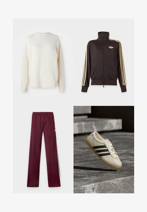 Schwarze Trainingsjacke mit Reißverschluss und hohem Kragen, hellgelben Streifen an den Ärmeln und Adidas Trefoil Logo auf der linken Brust.; Weißer, übergroßer Fleece-Pullover mit gerippten Bündchen und Saum. Verfügt über ein kleines, tonal gehaltenes Logo auf der linken Brust. Weicher Stoff und lockere Passform.; Bordeauxrote Trainingshose mit elastischem Bund, seitlichen Reißverschlusstaschen, weißen Seitenstreifen und kleinem weißem Adidas-Logo am rechten Oberschenkel.; Weißer Sneaker mit schwarzen Streifen und Gummisohle schwebt über Betontreppen im sanften Tageslicht.