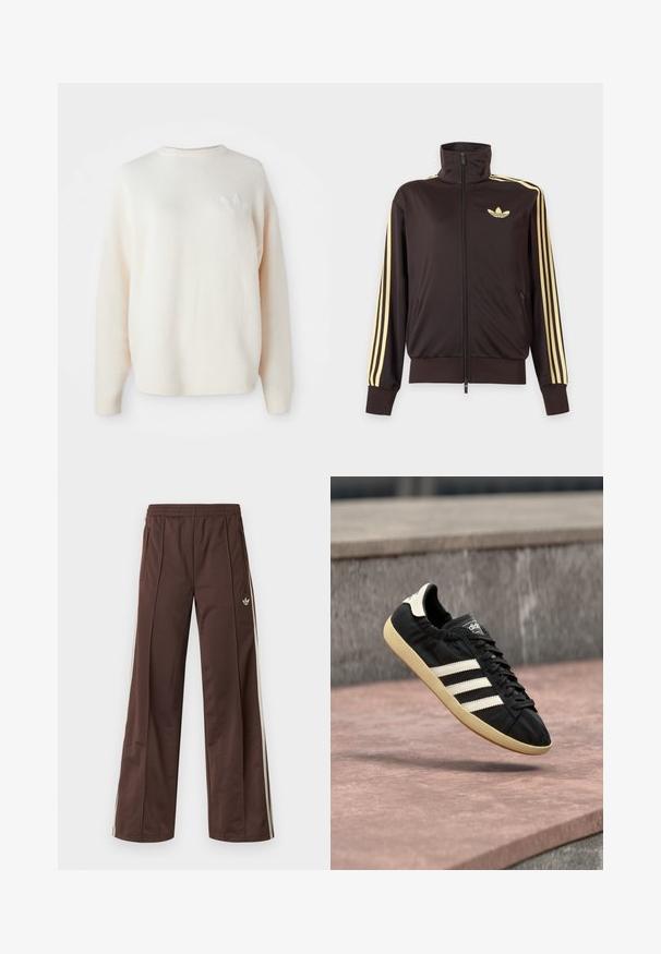 Zwarte joggingjas met rits en hoge kraag, lichtgele strepen op de mouwen en Adidas trefoil-logo op de linkerborst.; Witte, oversized fleece sweater met geribbelde manchetten en zoom. Heeft een klein, ton-sur-ton logo op de linkerkant van de borst. Zachte textuur en een ontspannen pasvorm.; Bruine sportbroek met een wijd uitlopende pijp, witte zijstrepen, een elastische tailleband en twee zijzakken. Heeft een klein logo op het been.; Zwarte Adidas sneaker met witte strepen en beige zool, vastgelegd in de lucht boven een stenen oppervlak en een stenen muur op de achtergrond.