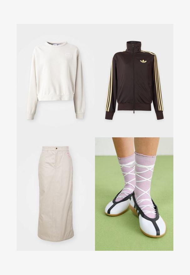 Čierna športová bunda na zips s vysokým golierom, svetložlté pruhy na rukávoch a logo Adidas trefoil na ľavej strane hrude.; Krémový skrátený sweatshirt vyrobený z mäkkej tkaniny, s okrúhlym výstrihom, dlhými rukávmi a vyšívaným logom na hrudi.; Béžová sukňa s pruhmi a vysokým pásom, skrytý zips a kovové zapínanie na gombík. Obsahuje malú značkovú etiketu na prednej strane.; Nohy v rebrovaných levanduľových ponožkách s bielymi krížovými pásmi v kombinácii s bielymi baletnými papučkami s čiernym lemom na zelenej podlahe.