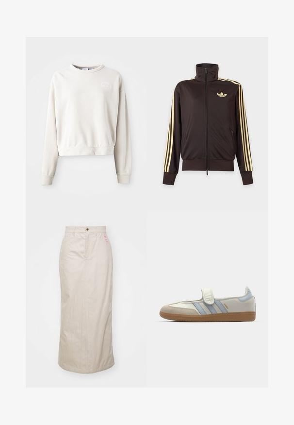 Čierna športová bunda na zips s vysokým golierom, svetložlté pruhy na rukávoch a logo Adidas trefoil na ľavej strane hrude.; Krémový skrátený sweatshirt vyrobený z mäkkej tkaniny, s okrúhlym výstrihom, dlhými rukávmi a vyšívaným logom na hrudi.; Béžová sukňa s pruhmi a vysokým pásom, skrytý zips a kovové zapínanie na gombík. Obsahuje malú značkovú etiketu na prednej strane.; adidas Originals SAMBA JANE BALLERINA - Balerínky s remienkom okolo členku - cloud white/halo blue