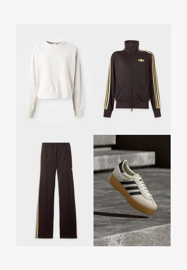 Čierna športová bunda na zips s vysokým golierom, svetložlté pruhy na rukávoch a logo Adidas trefoil na ľavej strane hrude.; Krémový skrátený sweatshirt vyrobený z mäkkej tkaniny, s okrúhlym výstrihom, dlhými rukávmi a vyšívaným logom na hrudi.; Čierne tepláky so žltými bočnými pruhmi, elastickým pásom, bočnými vreckami na zips a malým logom na hornej časti stehna.; Béžová semišová teniska s čiernymi pruhmi, bielymi šnúrkami a podrážkou z gumy. Na boku je značka "SPEZIAL".