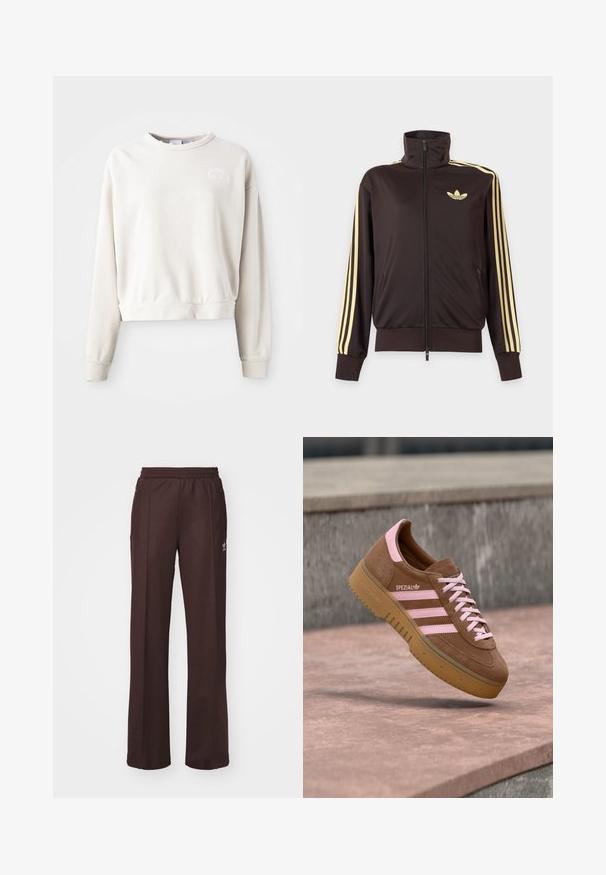 Čierna športová bunda na zips s vysokým golierom, svetložlté pruhy na rukávoch a logo Adidas trefoil na ľavej strane hrude.; Krémový skrátený sweatshirt vyrobený z mäkkej tkaniny, s okrúhlym výstrihom, dlhými rukávmi a vyšívaným logom na hrudi.; Hnedé športové nohavice s elastickým pásom, dvoma bočnými vreckami a malým logom na ľavej strane, vyrobené z mäkkej látky.; Hnedá semišová teniska Adidas Spezial s ružovými pruhmi, šnúrkami a detailom na päte, zobrazená vznášajúca sa nad kamenným povrchom.