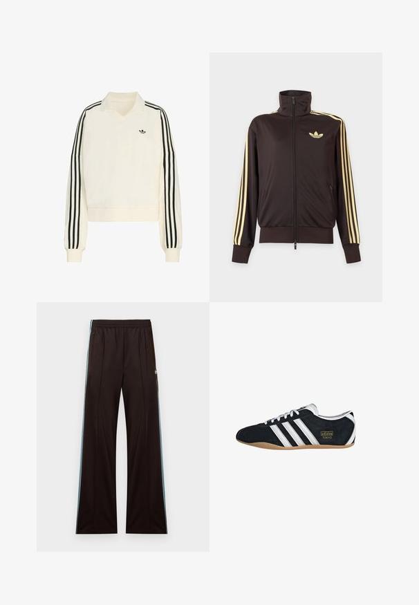 Sort lynlåstrøje med høj krave, lysegule striber ned ad ærmerne og Adidas trefoil-logo på venstre bryst.; Creme farvet pullover med v-hals, lange ærmer, sorte striber langs armene og et lille sort logo på brystet. Fremstillet af blødt stof.; Sorte løse bukser med lyseblå sidelommer, elastisk talje, lynlås på lommerne og Adidas-logo på venstre hofte.; Sort ruskinds sneaker med hvide tre striber, guldlogo og en brun gummisål. Har et lavprofil snørebåndsdesign.