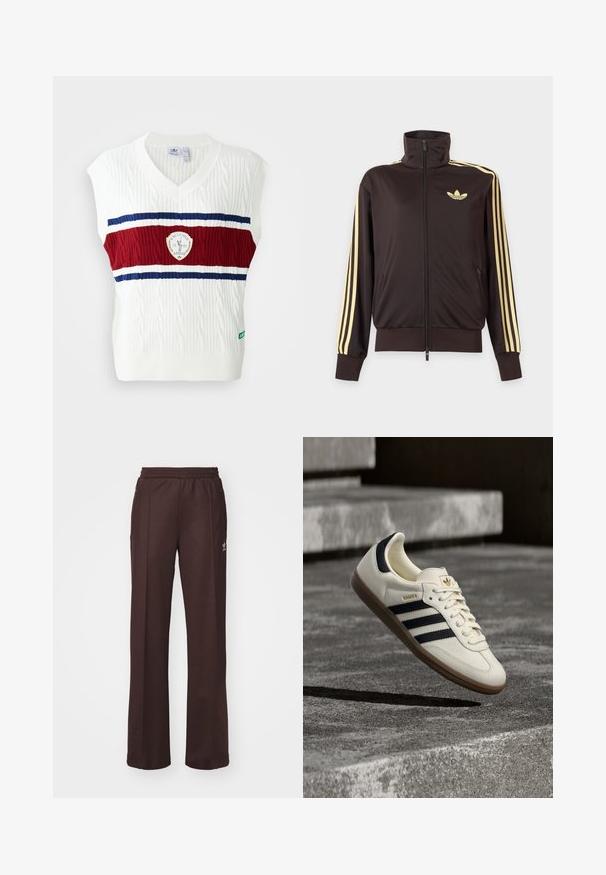Čierna športová bunda na zips s vysokým golierom, svetložlté pruhy na rukávoch a logo Adidas trefoil na ľavej strane hrude.; Biele bezrukávové tričko s textúrou v tregu, zdobené červeným a modrým pruhovaným pásom a kruhovým logom. Žebrovaný výstrih a lem.; Hnedé športové nohavice s elastickým pásom, dvoma bočnými vreckami a malým logom na ľavej strane, vyrobené z mäkkej látky.; Biela teniska Adidas Samba s čiernymi pruhmi a gumovou podrážkou, vznášajúca sa nad textúrovanými sivými betónovými schodmi.