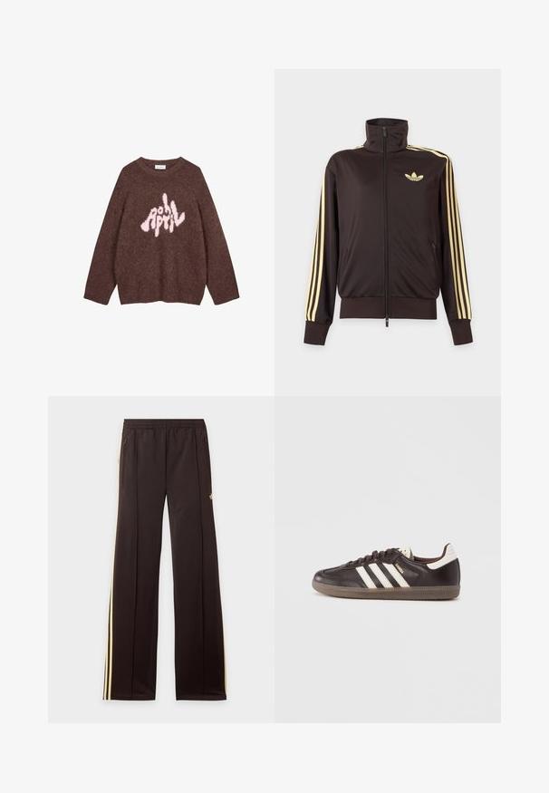 Chaqueta deportiva negra con cremallera y cuello alto, con rayas amarillas claras en las mangas y logo de Adidas trefoil en el pecho izquierdo.; Sudadera marrón de felpa con mangas largas y cuello redondo, que presenta un texto gráfico en rosa "APRIL" en una tipografía lúdica e irregular en el pecho.; Pantalones de chándal negros con rayas amarillas laterales, cintura elástica, bolsillos laterales con cremallera y un pequeño logo en el muslo superior.; Zapatillas deportivas de cuero marrón oscuro con diseño de tres franjas blancas, suela de goma y la palabra "Samba" en letras doradas en el lateral. Forma clásica de corte bajo.