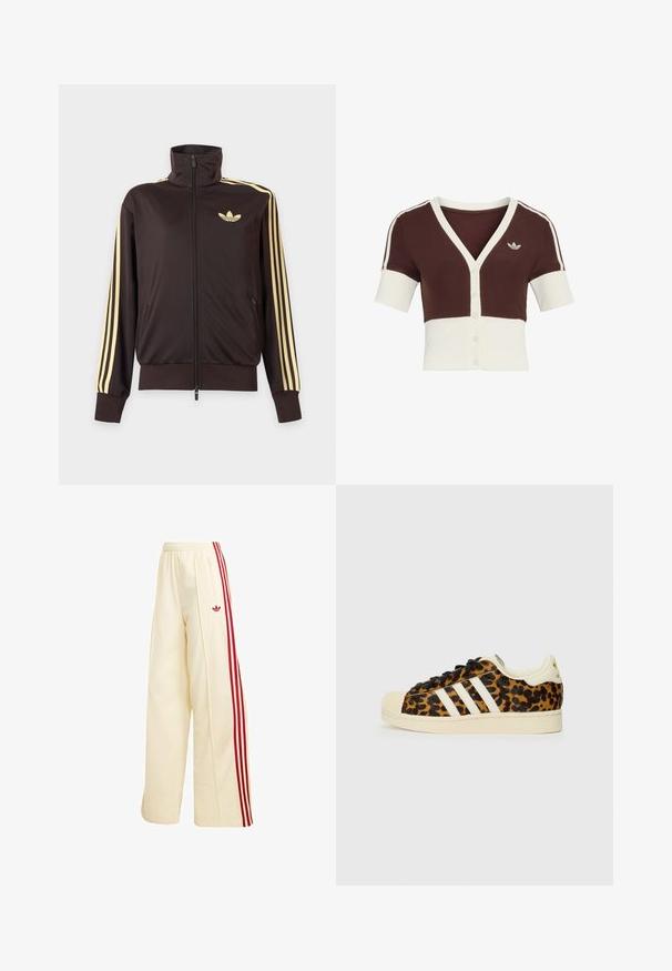 Sort lynlåstrøje med høj krave, lysegule striber ned ad ærmerne og Adidas trefoil-logo på venstre bryst.; Kortærmet cardigan med en brun øverste del og cremefarvet nederste del, med V-hals, knaplukning og et diskret trestribet design.; Kremfarvede vidde træningsbukser med røde sidelommer, elastisk talje, lynlåslomme og rødt Adidas-logo på låret.; Sneakers med leopardmønster, sorte snørebånd, hvidt design med tre striber, cremefarvet gummitå og sål samt tekstureret overmateriale.