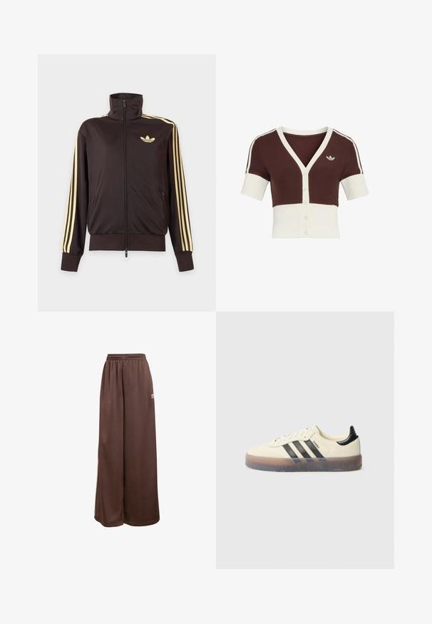 Čierna športová bunda na zips s vysokým golierom, svetložlté pruhy na rukávoch a logo Adidas trefoil na ľavej strane hrude.; Cardigan s krátkym rukávom s hnedou vrchnou časťou a krémovou spodnou časťou, s výstrihom do V, zapínaním na gombíky a jemným dizajnom s tromi pruhmi.; adidas Originals Tepláky - auburn cream white; Béžová teniska s tromi čiernymi pruhmi, zaoblenou špičkou, textúrovanou gumovou podrážkou a hladkým zvrškom. Má polstrovaný pätný diel a minimálne označenie značky.