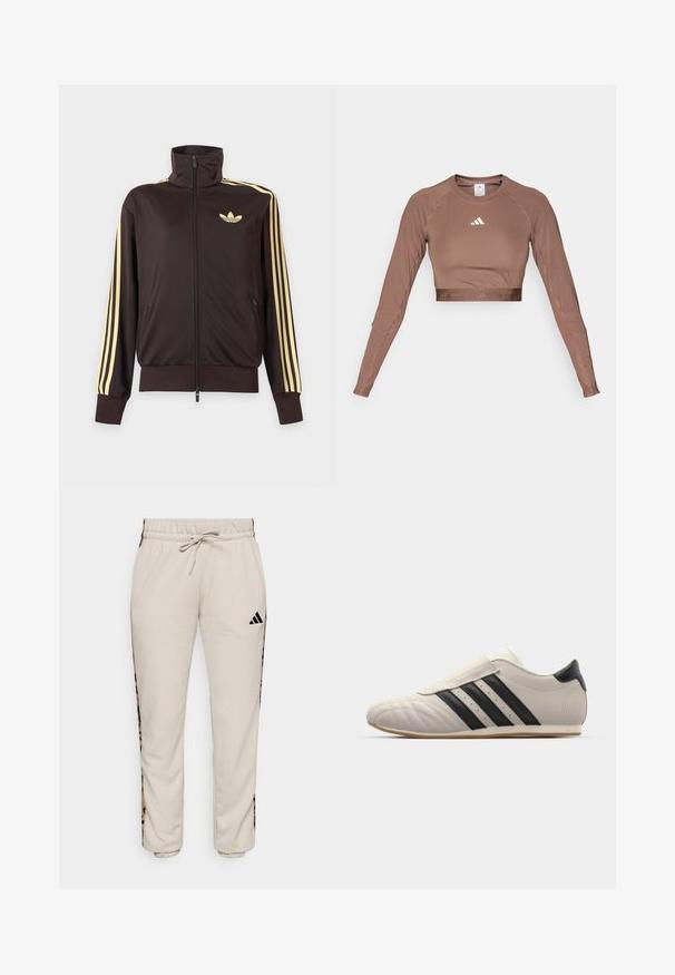 Schwarze Trainingsjacke mit Reißverschluss und hohem Kragen, hellgelben Streifen an den Ärmeln und Adidas Trefoil Logo auf der linken Brust.; Brauner langärmeliger Crop-Top aus glattem, dehnbarem Stoff. Verfügt über einen runden Halsausschnitt und ein kontrastierendes weißes Logo auf der Brust.; Hellbeige Sweatpants aus weichem Stoff, mit einem verstellbaren Bund und schwarzen Seitenpaneelen mit einem Leopardenmuster.; Hellgraue Sneaker mit schwarzen Streifen, abgerundetem Zehenbereich, glattem Lederoberteil, einem Klettverschluss und einer Gummisohle.