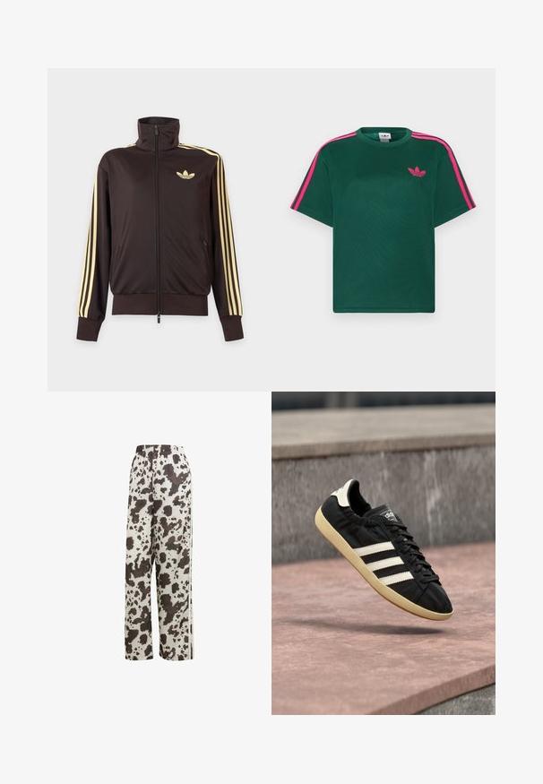 Zwarte joggingjas met rits en hoge kraag, lichtgele strepen op de mouwen en Adidas trefoil-logo op de linkerborst.; Groen T-shirt met korte mouwen, helderroze strepen op de schouders en het Adidas trefoil-logo op de borst.; adidas Originals COW PRINT SATIN WIDE LEG - Trainingsbroek - multicolor off white; Zwarte Adidas sneaker met witte strepen en beige zool, vastgelegd in de lucht boven een stenen oppervlak en een stenen muur op de achtergrond.