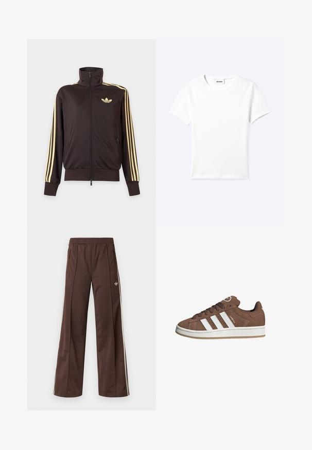 Zwarte joggingjas met rits en hoge kraag, lichtgele strepen op de mouwen en Adidas trefoil-logo op de linkerborst.; Effen wit T-shirt met korte mouwen en ronde hals met een klein "WEEKDAY" label aan de binnenkant van de hals, plat neergelegd op een lichte achtergrond.; Bruine sportbroek met een wijd uitlopende pijp, witte zijstrepen, een elastische tailleband en twee zijzakken. Heeft een klein logo op het been.; Bruine suède sneaker met witte leren strepen, rubberen zool, ronde neus en vetersluiting. Kenmerkt zich door een logo op de tong en geperforeerde accenten.
