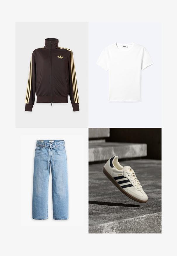 Čierna športová bunda na zips s vysokým golierom, svetložlté pruhy na rukávoch a logo Adidas trefoil na ľavej strane hrude.; Jednofarebné biele tričko s krátkym rukávom a okrúhlym výstrihom, s malou štítkou "WEEKDAY" vo vnútri výstrihu, zobrazené na svetlom pozadí, položené na rovnej ploche.; Svetlomodré riflové nohavice so širokými nohavicami a vysokým pásom, s gombíkom a zipsovým zapínaním a šnúrkou na páse. Úprava s prirodzeným okrajom.; Biela teniska Adidas Samba s čiernymi pruhmi a gumovou podrážkou, vznášajúca sa nad textúrovanými sivými betónovými schodmi.
