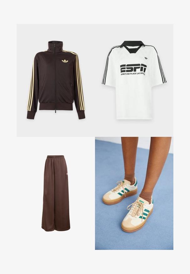 Schwarze Trainingsjacke mit Reißverschluss und hohem Kragen, hellgelben Streifen an den Ärmeln und Adidas Trefoil Logo auf der linken Brust.; Weißes Kurzarmhemd mit schwarzem Kragen, drei schwarzen Streifen an den Ärmeln und fettem schwarzem Text mit der Aufschrift "ESPN" und "HERE'S NO PLACE LIKE SPOTS."; adidas Originals Jogginghose - auburn cream white; Beige Sneakers mit dunkelgrünen Streifen, Gummisohle, Obermaterial aus Wildleder und Textil sowie neutralen Hardwareteilen, kombiniert mit braunen Socken auf einer hellblauen Oberfläche.