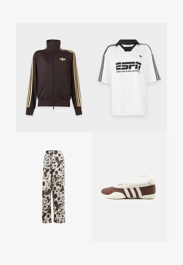 Chaqueta deportiva negra con cremallera y cuello alto, con rayas amarillas claras en las mangas y logo de Adidas trefoil en el pecho izquierdo.; Camiseta blanca de manga corta con cuello negro, tres rayas negras en las mangas y texto negro en negrita que dice "ESPN" y "NO HAY LUGAR COMO LOS SPOTS."; adidas Originals COW PRINT SATIN WIDE LEG - Pantalones deportivos - multicolor off white; Zapato plano de ballet marrón y blanco con tres franjas blancas y lazo para atar en el tobillo sobre un fondo claro y sencillo.