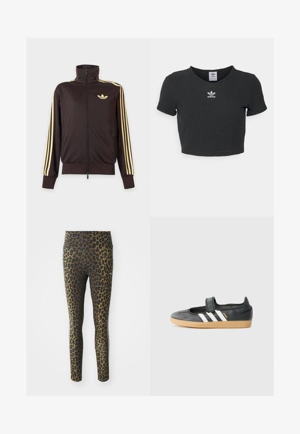 Mustast lukuga spordijakk kõrge kraega, helekollaste triipudega varruka all ja Adidas trefoil logo vasakul rinnal.; Must tänavakujundus, millel on ümara kaeluse ja lühikeste varrukatega must lühike t-särk, mis on valmistatud puuvillast. Keskel on valge Adidas logo tikand.; Leopardimustriga retuusid, millel on kõrge vöökoht, veniv kangas ja mustad aktsendid heledal pruunil taustal, loodud mugavuse ja sobivuse tagamiseks.; Mustmust ja sametist sneaker, millel on Velcro rihm, kolm valget triipu ja kummi tallad, küljel on silt "SAMBA".