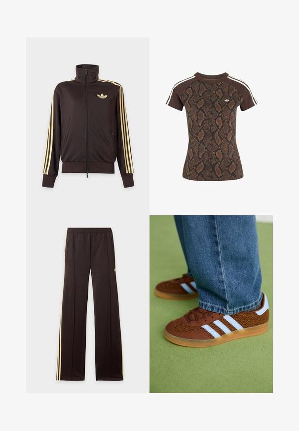 Sort lynlåstrøje med høj krave, lysegule striber ned ad ærmerne og Adidas trefoil-logo på venstre bryst.; Brun kortærmet skjorte med mørkt slangeskinmønster, ensfarvede brune ærmer med hvide striber og lille hvid Adidas-logo på brystet.; Sorte træningsbukser med gule sidelister, elastisk taljebånd, lynlåslommer i siderne og en lille logo på den øvre lår.; Brune Adidas sneakers med hvide striber og gummisåler, båret med blå jeans på grøn tæppe.