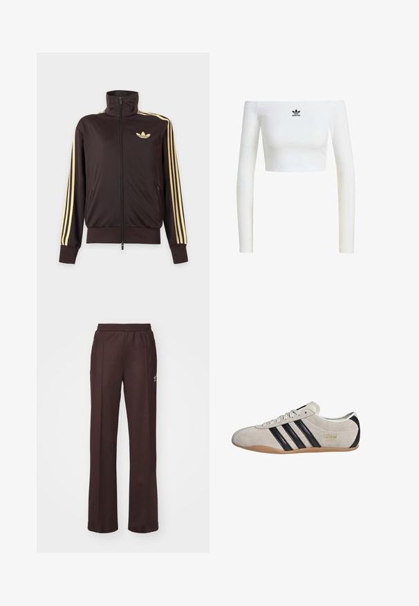 Čierna športová bunda na zips s vysokým golierom, svetložlté pruhy na rukávoch a logo Adidas trefoil na ľavej strane hrude.; Biela crop top s odhalenými ramenami z rebrovaného materiálu, s dlhými rukávmi a malým čiernym logom Adidas na prednej strane.; Hnedé športové nohavice s elastickým pásom, dvoma bočnými vreckami a malým logom na ľavej strane, vyrobené z mäkkej látky.; Semišové tenisky so šedým zvrškom, čiernymi pruhmi a gumovou podrážkou. Majú šnurovanie a zlatý logový detail na boku.